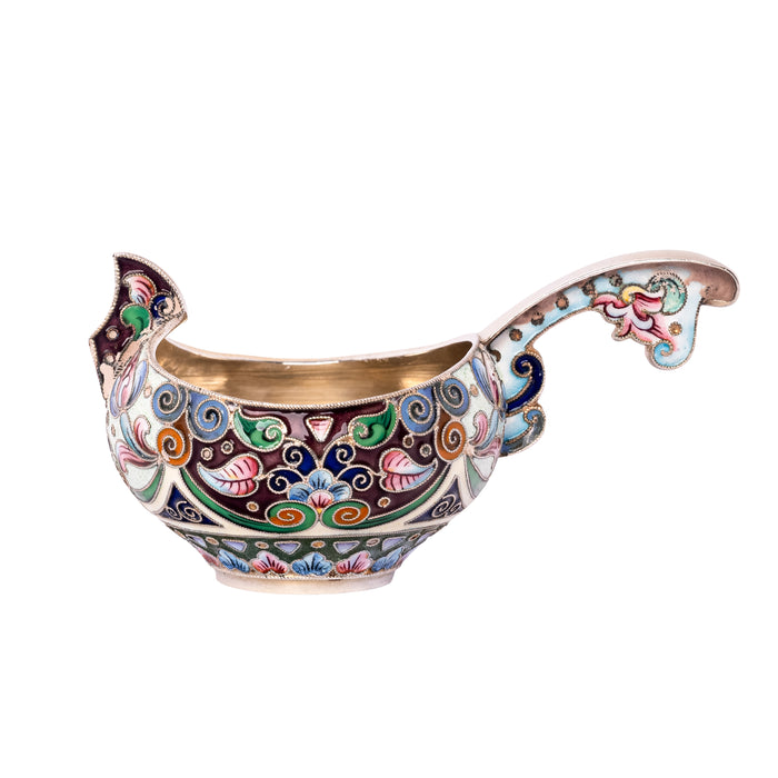 Antique Imperial Russian Silver Gold Gilt Cloisonne Kovsh Moscow 6th Artel 1908