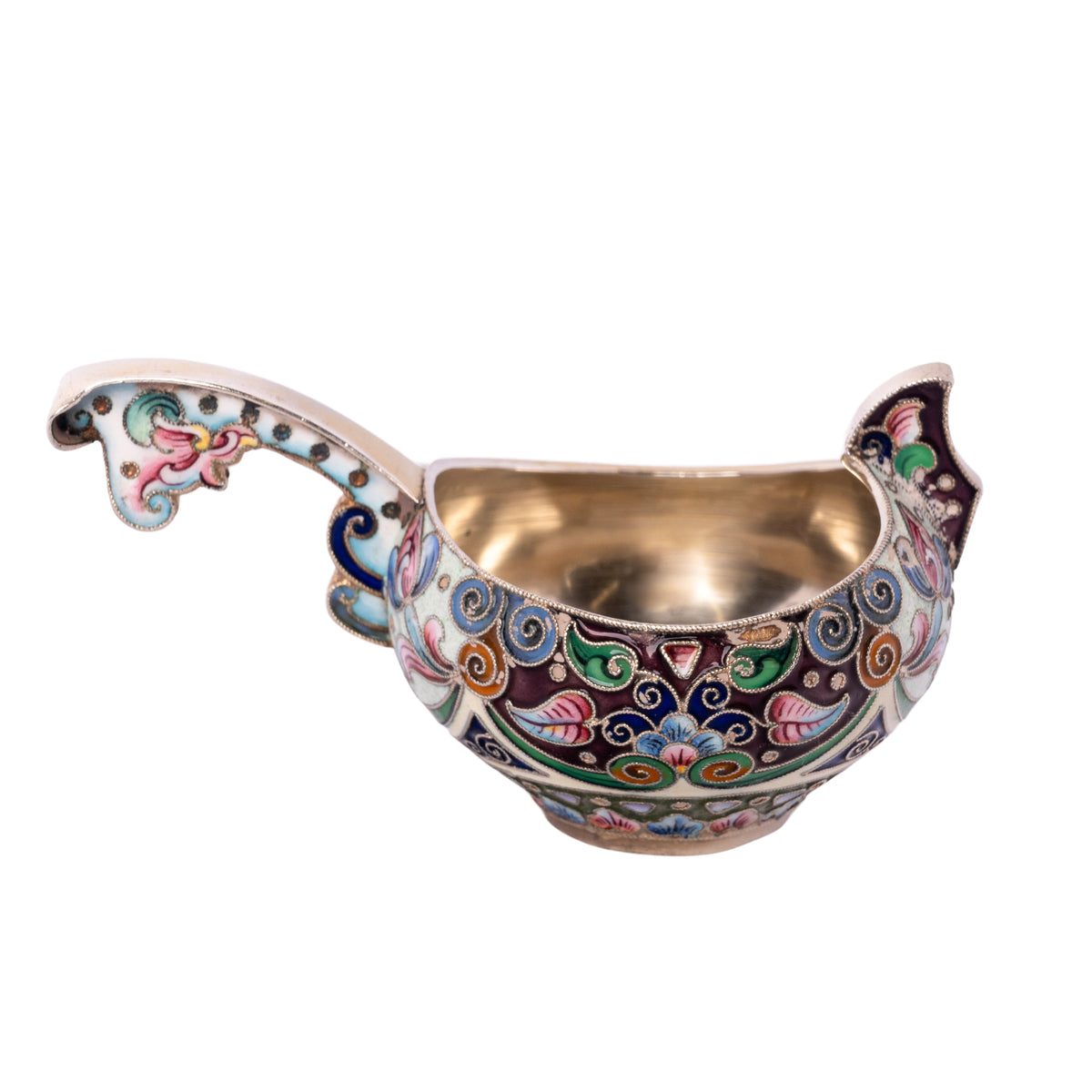 Antique Imperial Russian Silver Gold Gilt Cloisonne Kovsh Moscow 6th Artel 1908