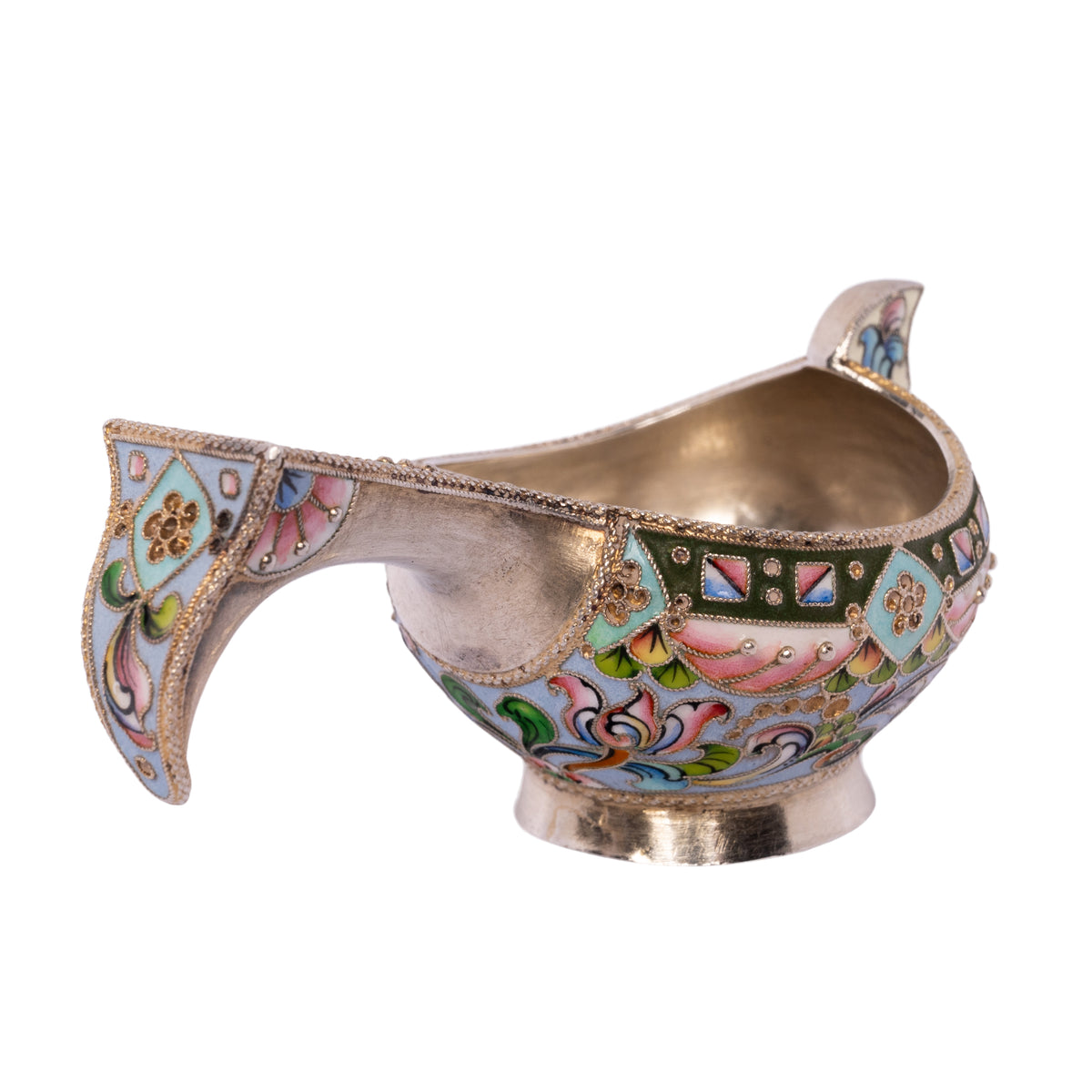 Antique Imperial Russian Solid Silver Gilt Cloisonne Enamel Kovsh Moscow 1908