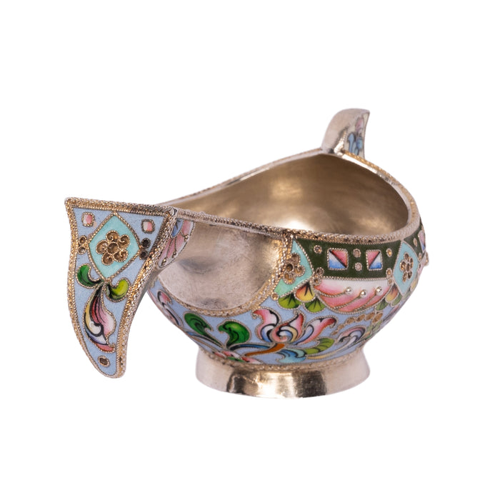 Antique Imperial Russian Solid Silver Gilt Cloisonne Enamel Kovsh Moscow 1908