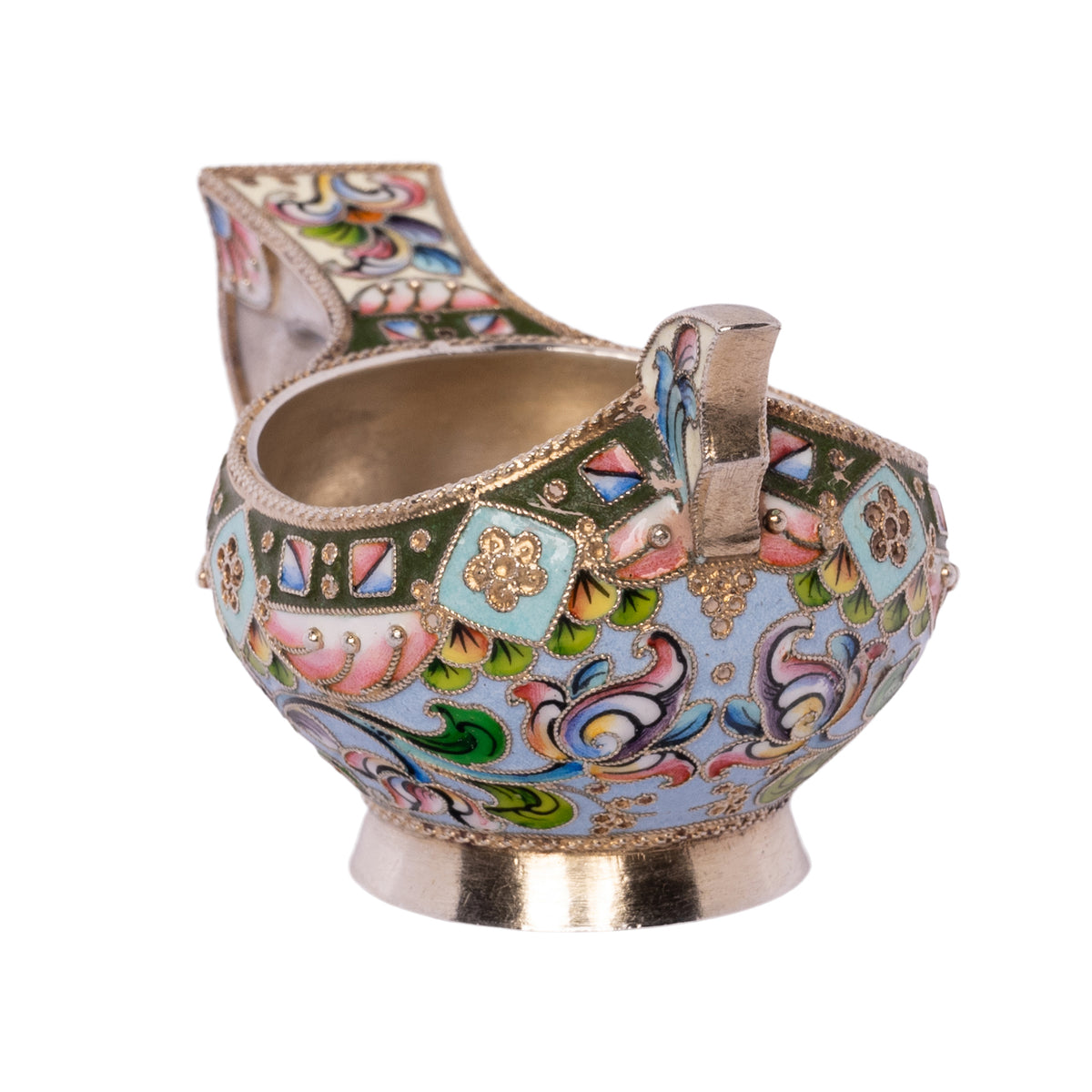 Antique Imperial Russian Solid Silver Gilt Cloisonne Enamel Kovsh Moscow 1908