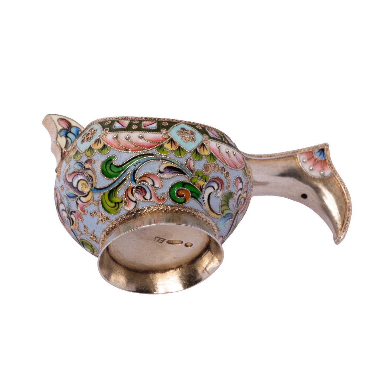 Antique Imperial Russian Solid Silver Gilt Cloisonne Enamel Kovsh Moscow 1908