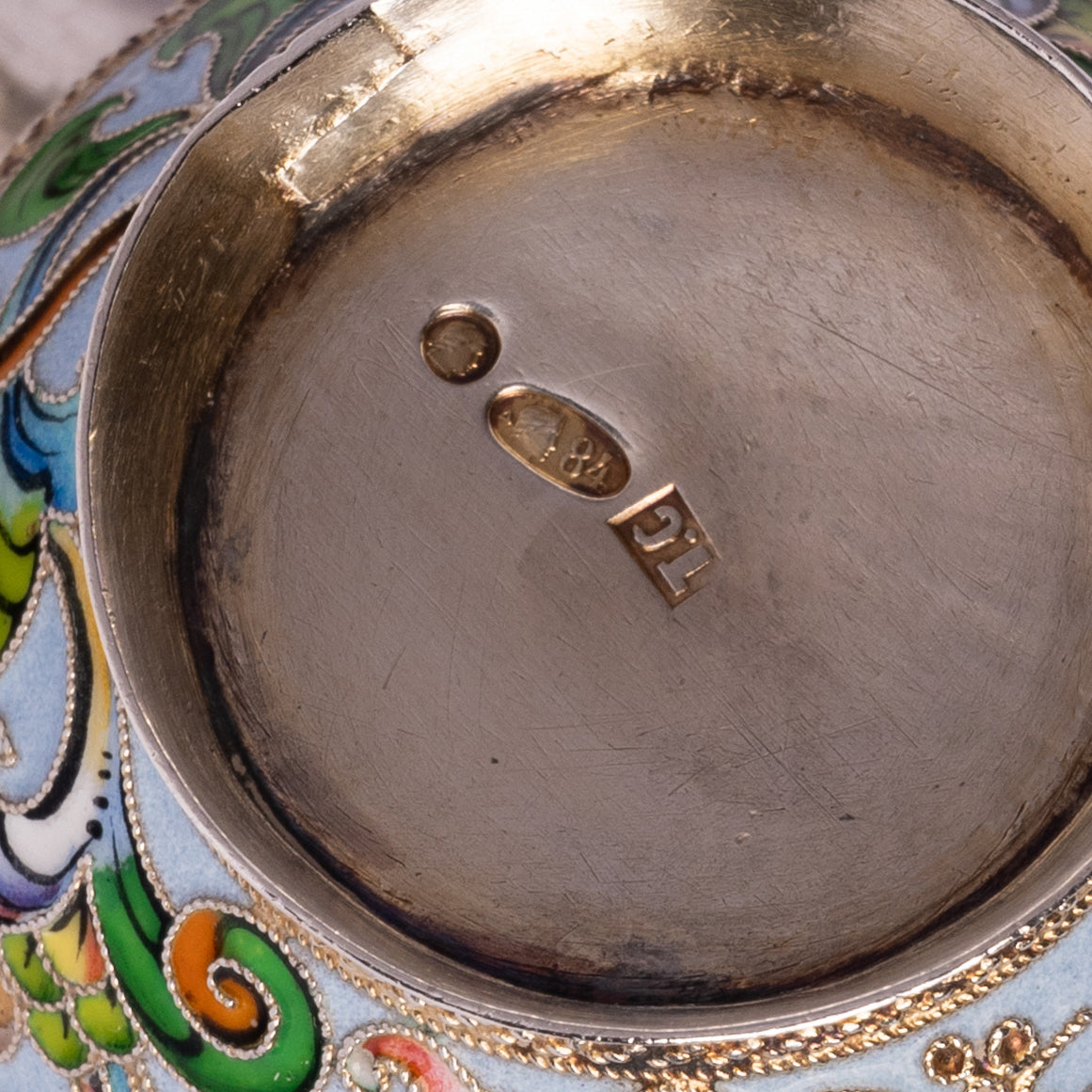 Antique Imperial Russian Solid Silver Gilt Cloisonne Enamel Kovsh Moscow 1908