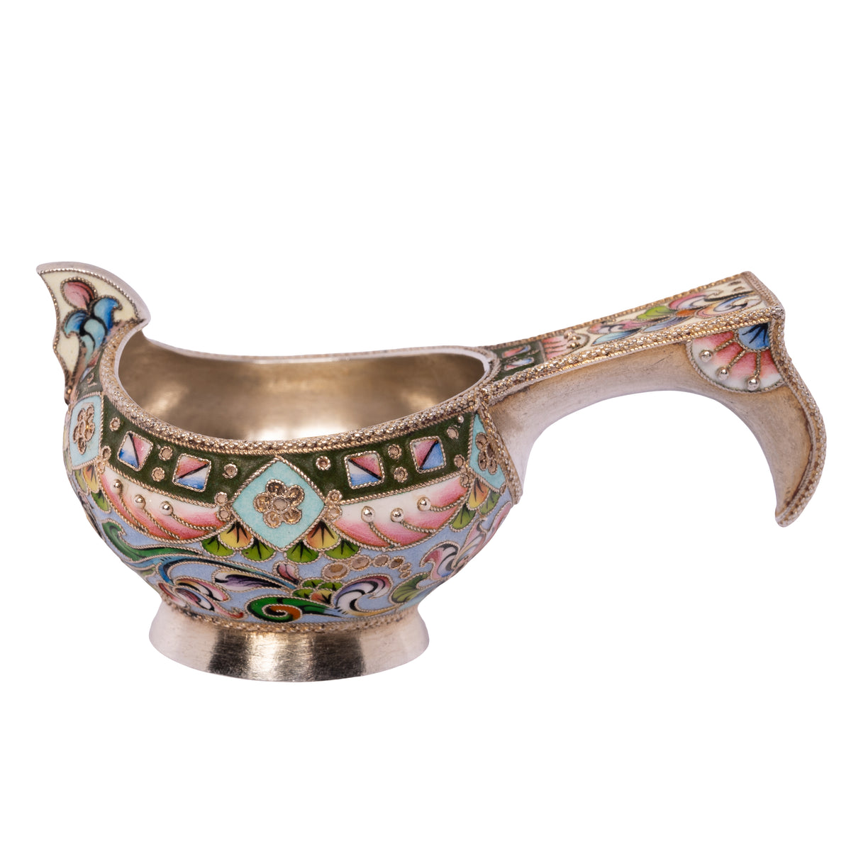 Antique Imperial Russian Solid Silver Gilt Cloisonne Enamel Kovsh Moscow 1908