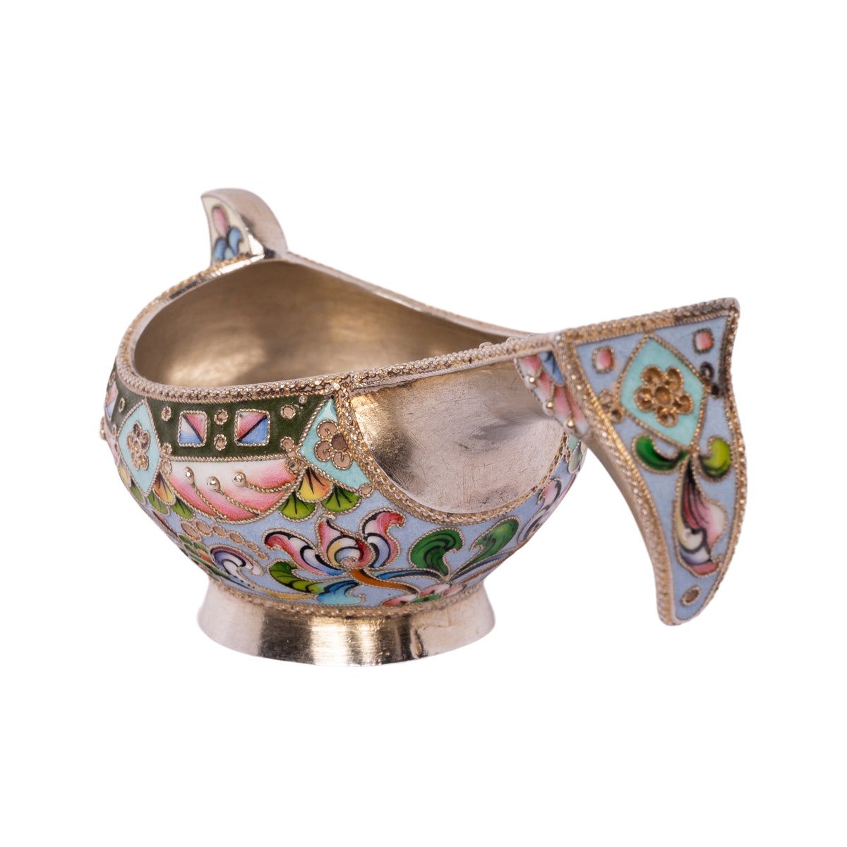 Antique Imperial Russian Solid Silver Gilt Cloisonne Enamel Kovsh Moscow 1908