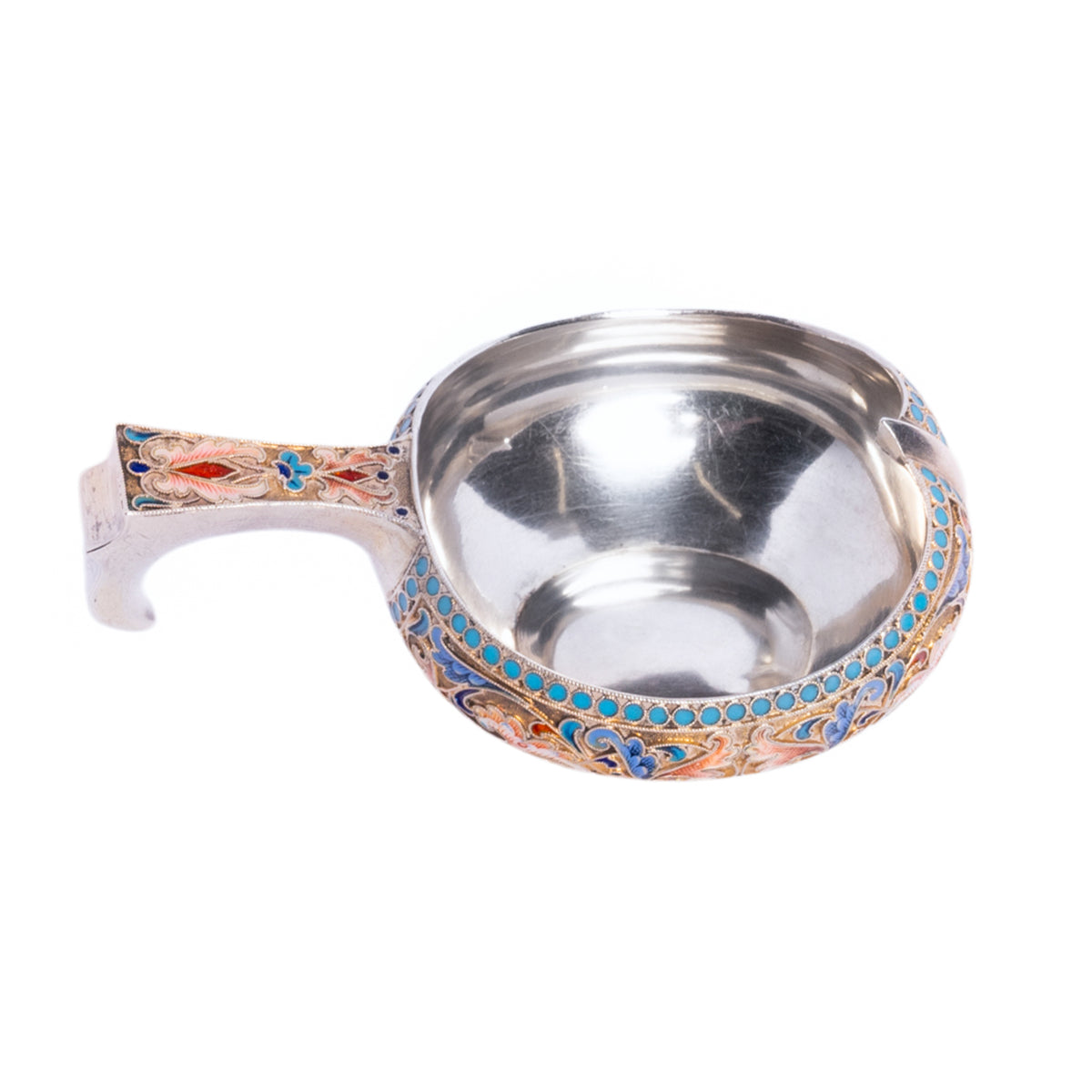 Antique Imperial Russian Silver Cloisonne Enamel Kovsh Ovcninnikov Moscow 1896