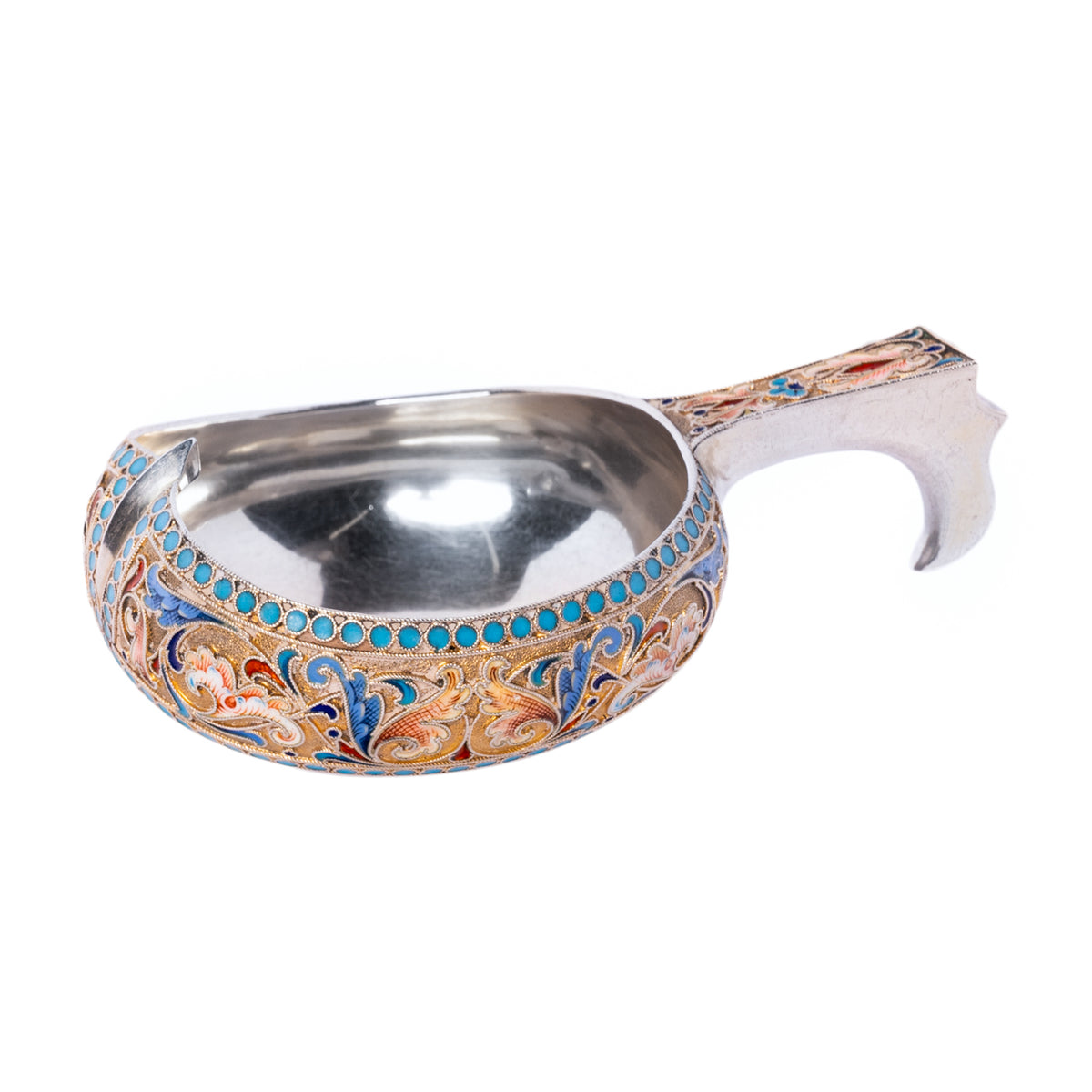 Antique Imperial Russian Silver Cloisonne Enamel Kovsh Ovcninnikov Moscow 1896