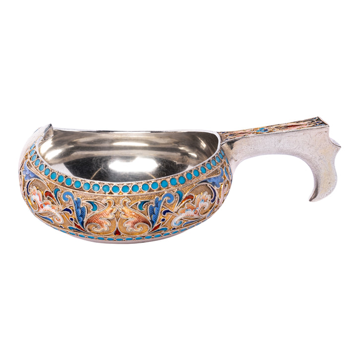 Antique Imperial Russian Silver Cloisonne Enamel Kovsh Ovcninnikov Moscow 1896