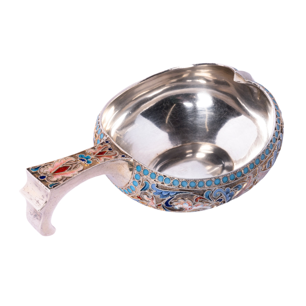Antique Imperial Russian Silver Cloisonne Enamel Kovsh Ovcninnikov Moscow 1896