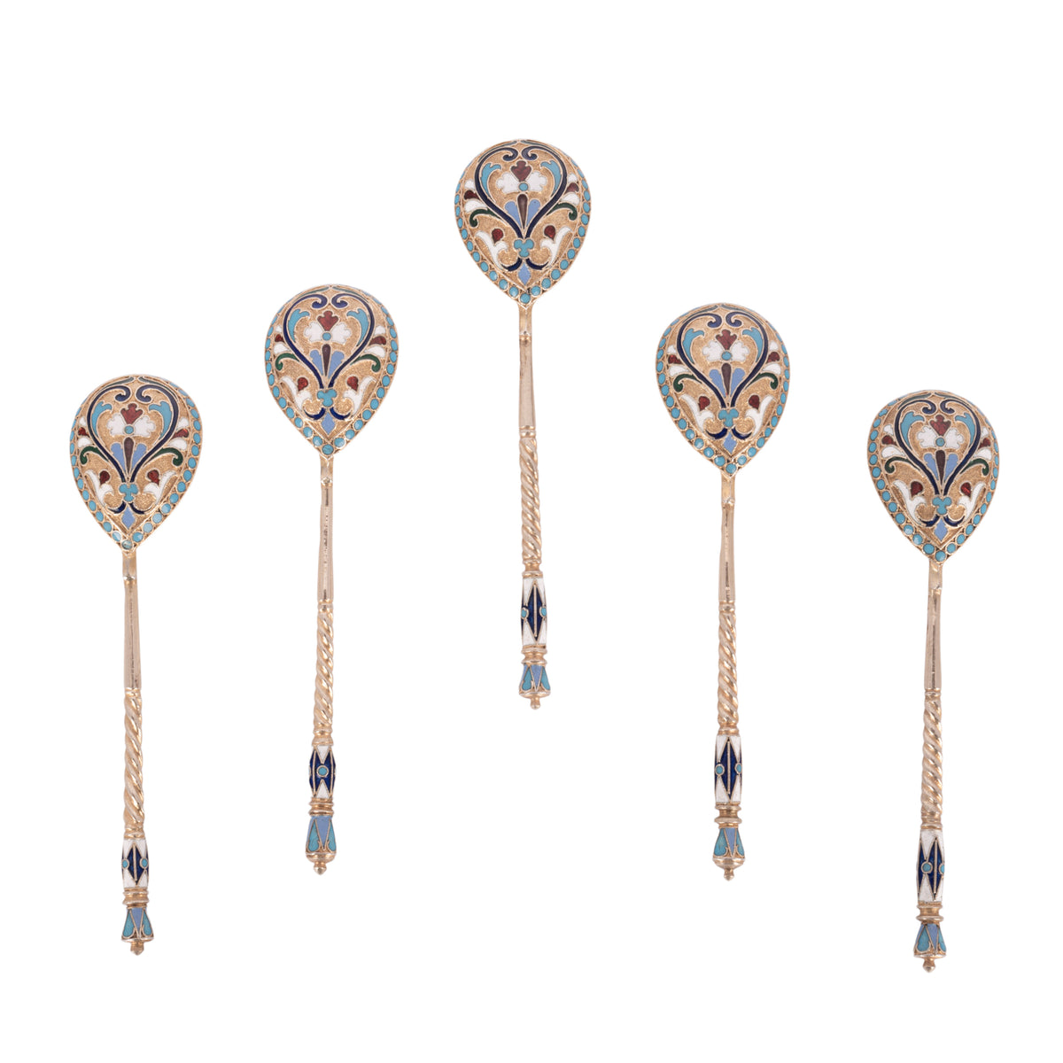 Antique Set Imperial Russian Silver Gilt Cloisonne Spoons Feodosii Pekin Moscow