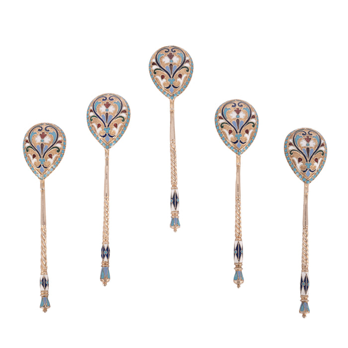 Antique Set Imperial Russian Silver Gilt Cloisonne Spoons Feodosii Pekin Moscow
