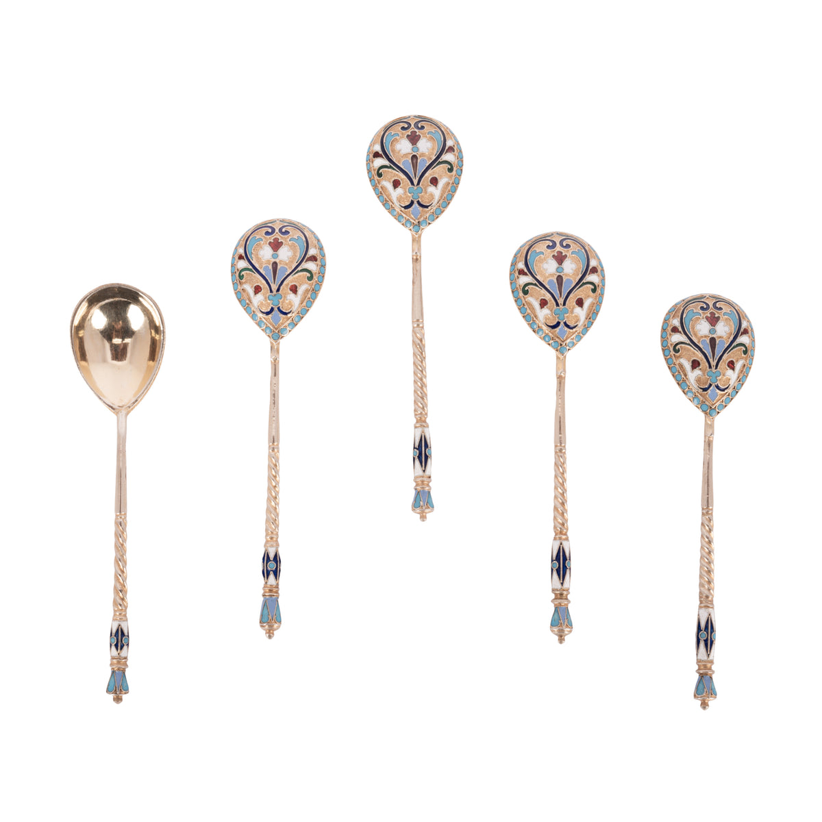 Antique Set Imperial Russian Silver Gilt Cloisonne Spoons Feodosii Pekin Moscow
