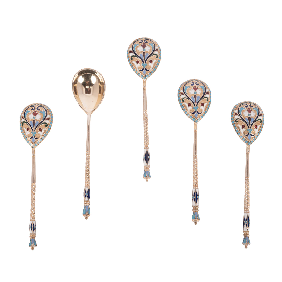 Antique Set Imperial Russian Silver Gilt Cloisonne Spoons Feodosii Pekin Moscow