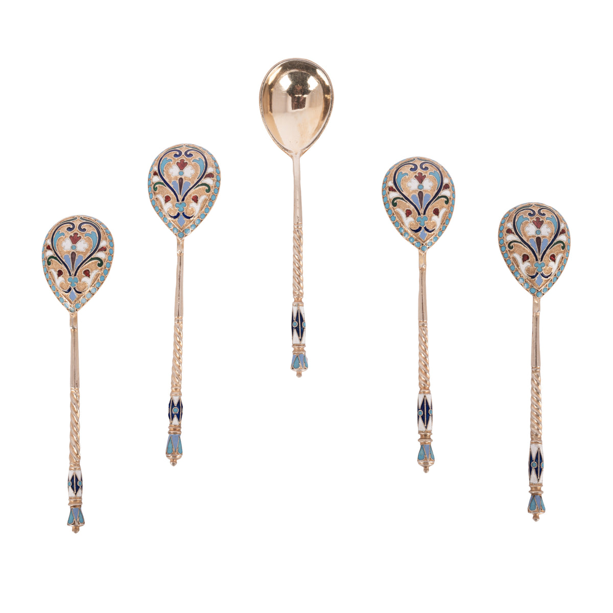 Antique Set Imperial Russian Silver Gilt Cloisonne Spoons Feodosii Pekin Moscow