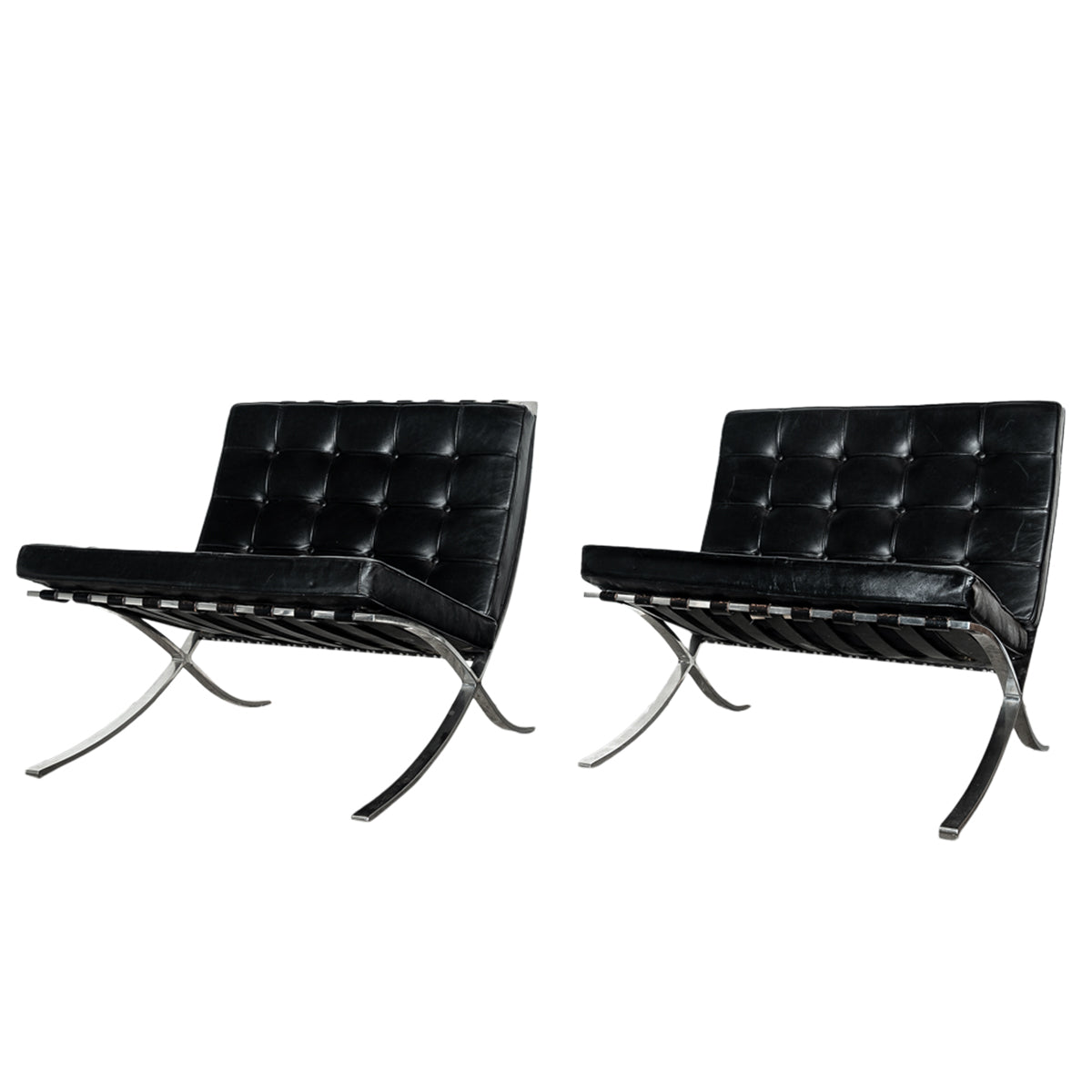 Early Pair MCM Knoll Barcelona Chairs Black Leather Mies van der Rohe 1961