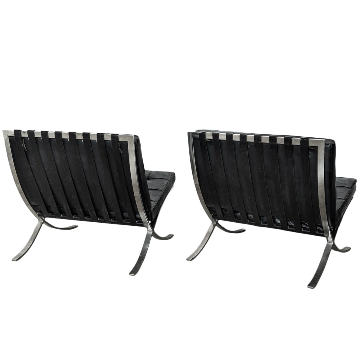 Early Pair MCM Knoll Barcelona Chairs Black Leather Mies van der Rohe 1961