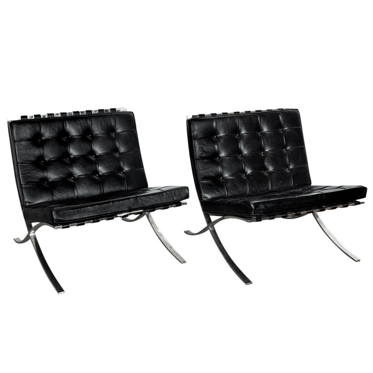 Early Pair MCM Knoll Barcelona Chairs Black Leather Mies van der Rohe 1961
