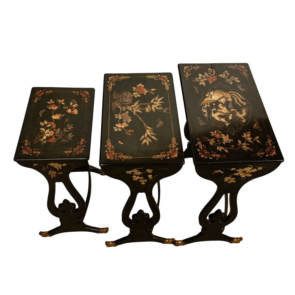 Antique Set 3 Chinese Export Gilded Lacquer Dragon Feet Nest of Tables 1890