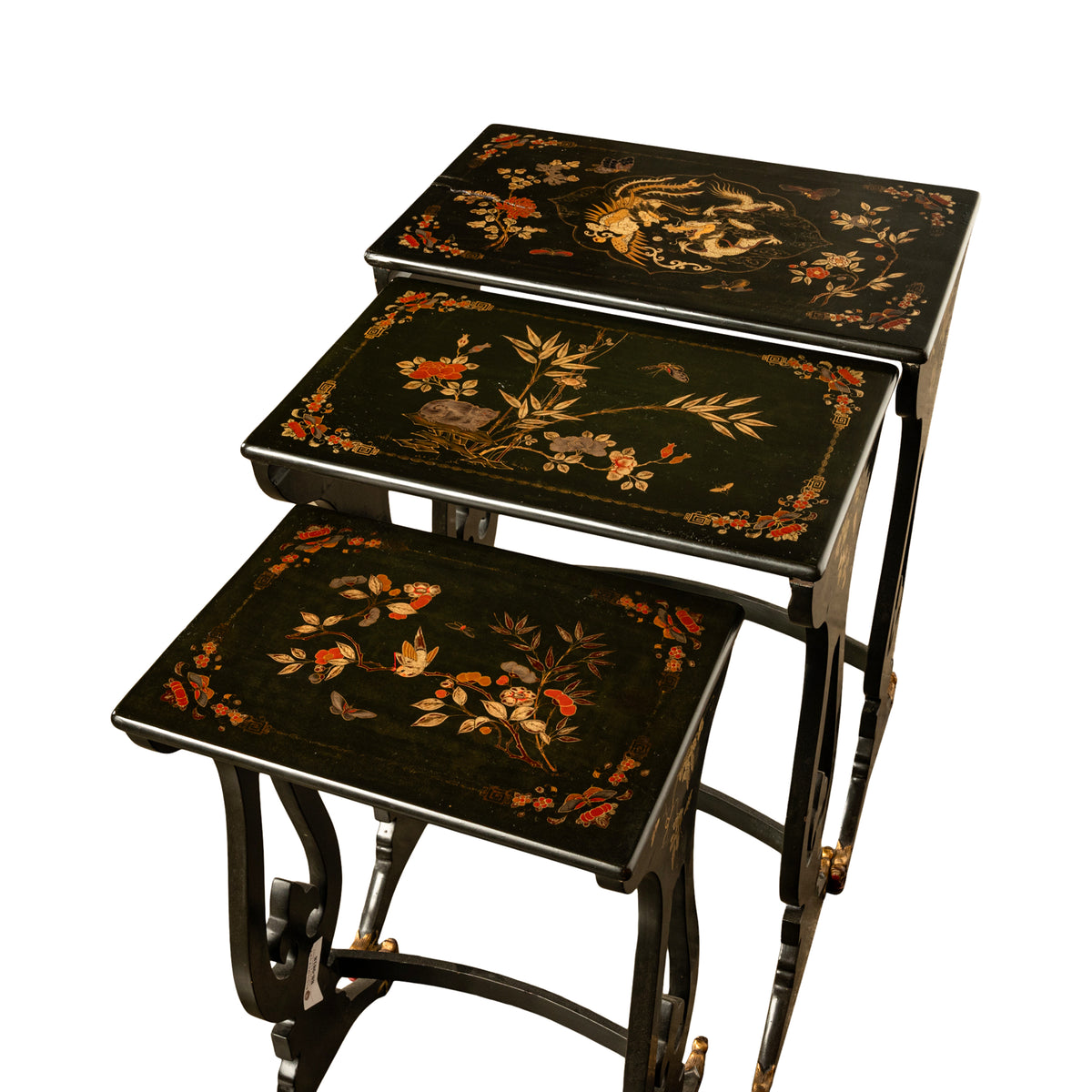 Antique Set 3 Chinese Export Gilded Lacquer Dragon Feet Nest of Tables 1890