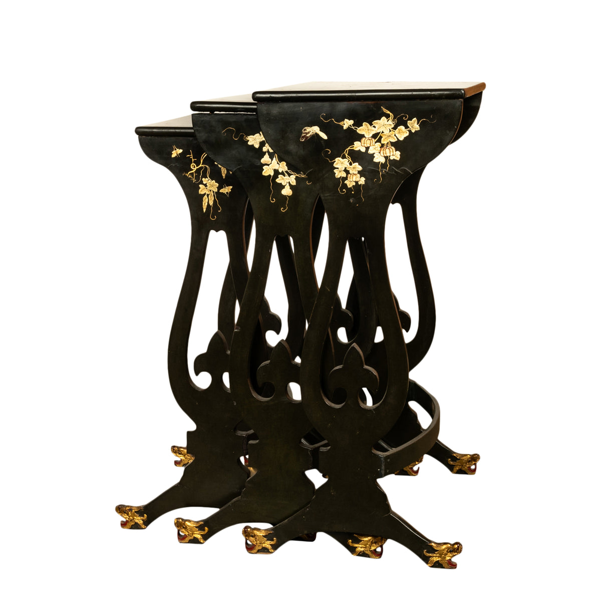 Antique Set 3 Chinese Export Gilded Lacquer Dragon Feet Nest of Tables 1890