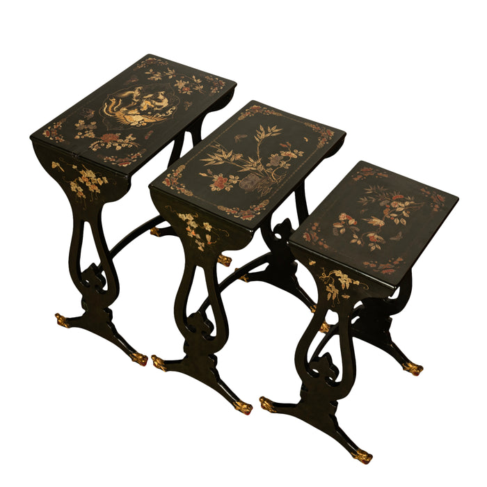 Antique Set 3 Chinese Export Gilded Lacquer Dragon Feet Nest of Tables 1890