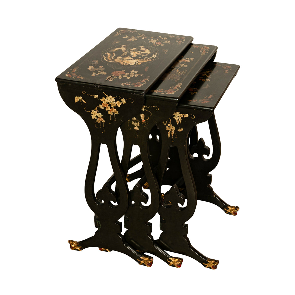Antique Set 3 Chinese Export Gilded Lacquer Dragon Feet Nest of Tables 1890
