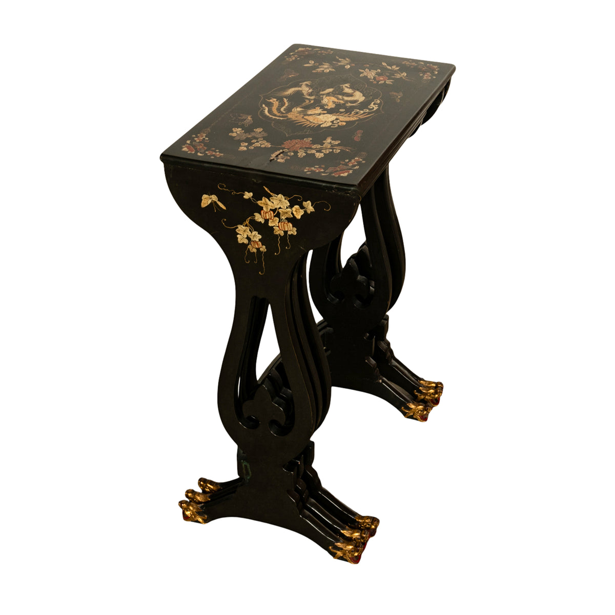 Antique Set 3 Chinese Export Gilded Lacquer Dragon Feet Nest of Tables 1890