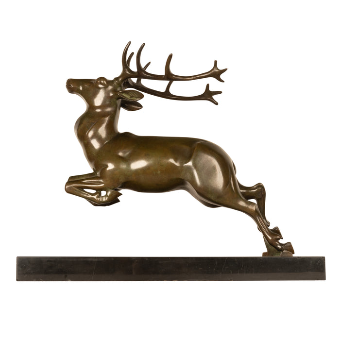 Antique French Art deco Leaping Stag Bronze Statue Sculpture Bronze marble by Georges H. Laurent 1925
