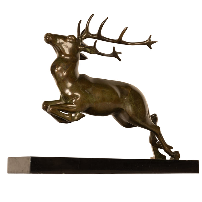 Antique French Art deco Leaping Stag Bronze Statue Sculpture Bronze marble by Georges H. Laurent 1925