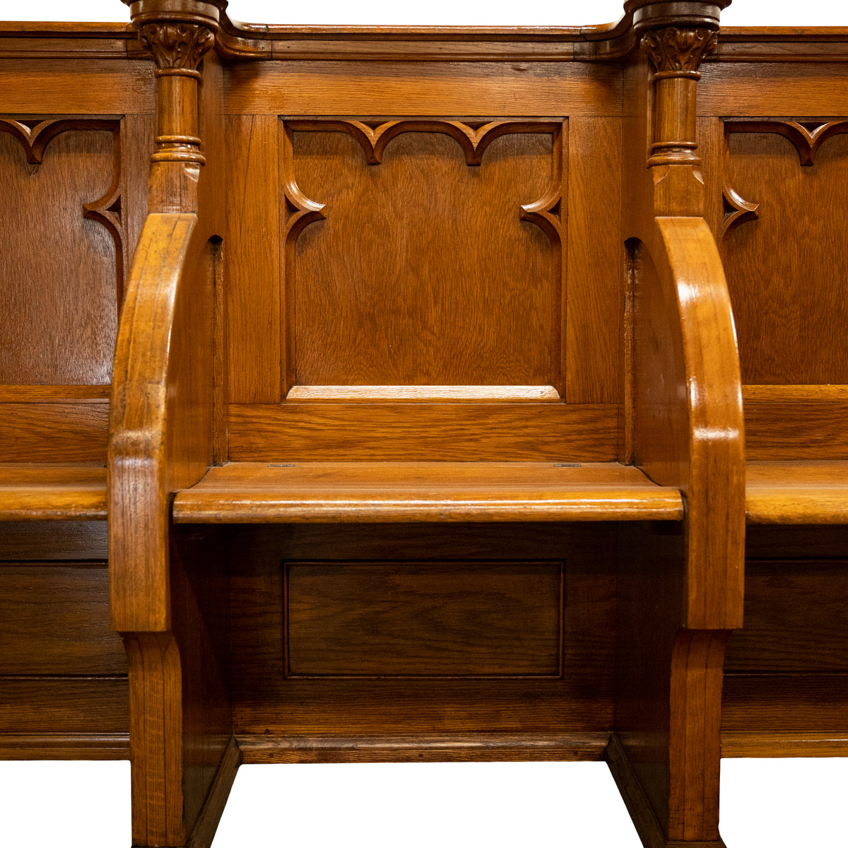 Antique Gothic Revival Pugin Carved Oak Church 3 Seat Pew Bench Choir Stall 1850