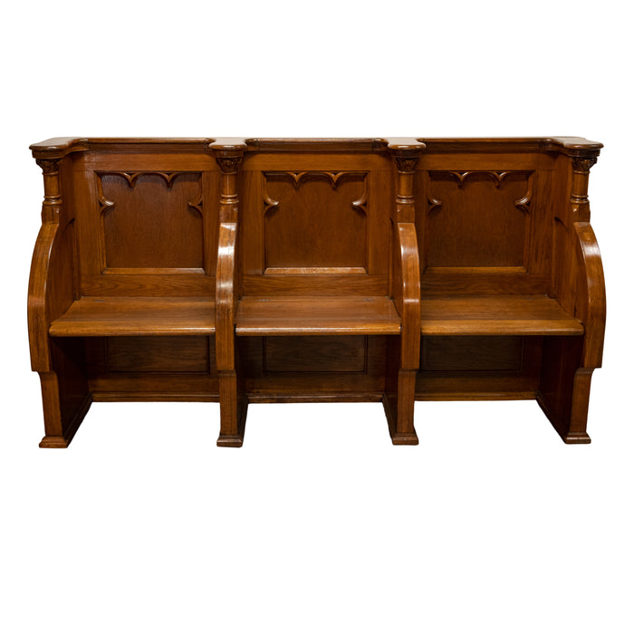Antique Gothic Revival Pugin Carved Oak Church 3 Seat Pew Bench Choir Stall 1850