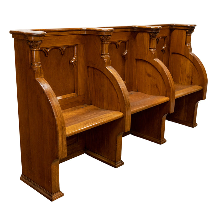 Antique Gothic Revival Pugin Carved Oak Church 3 Seat Pew Bench Choir Stall 1850
