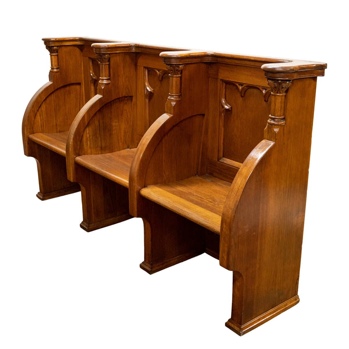 Antique Gothic Revival Pugin Carved Oak Church 3 Seat Pew Bench Choir Stall 1850