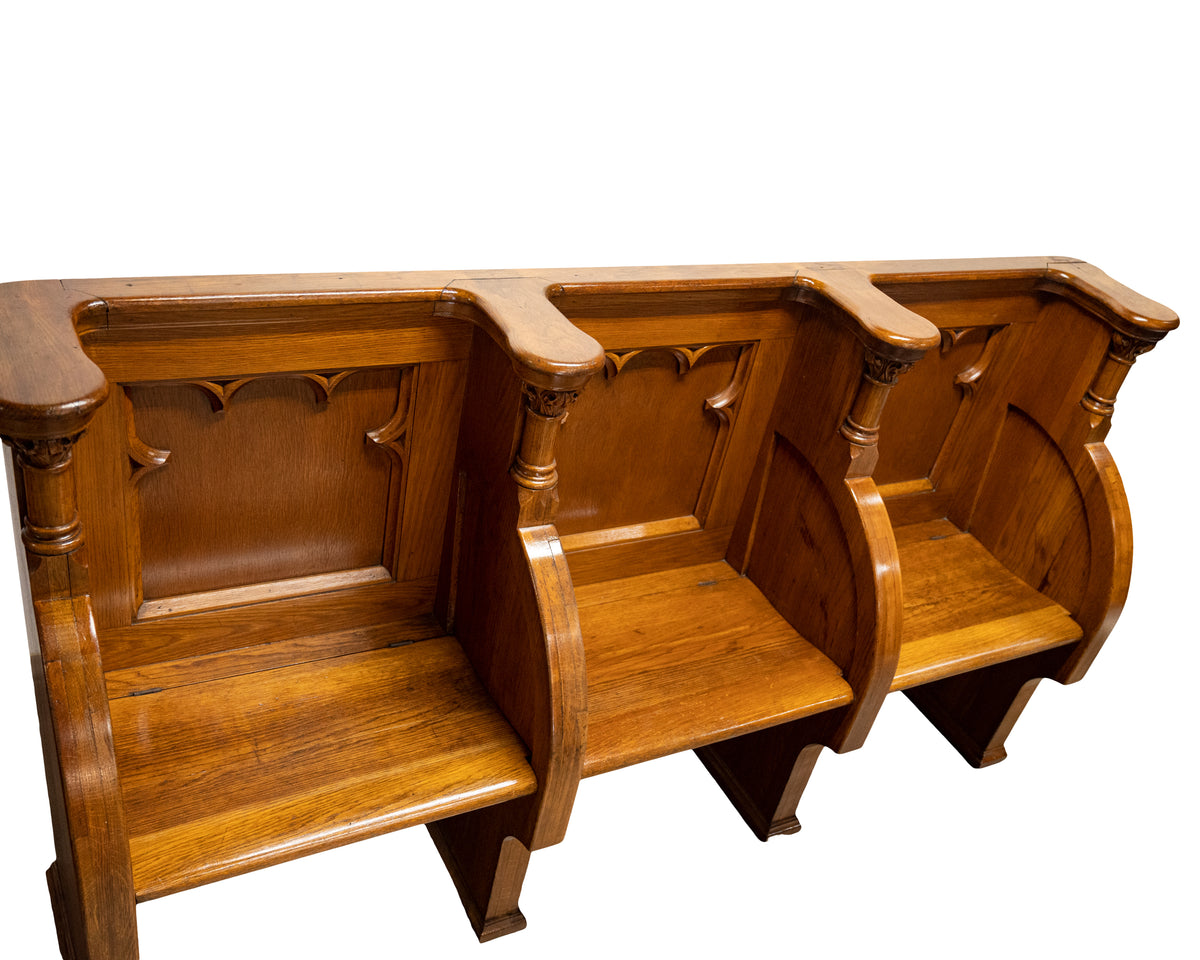 Antique Gothic Revival Pugin Carved Oak Church 3 Seat Pew Bench Choir Stall 1850