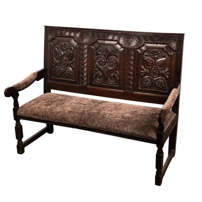 Antique English 17th Century King Charles II Restoration Period Carved Oak Settle Sofa Bench 1680