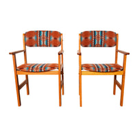 Pair Vintage Mid Century Modern Danish Teak Armchairs Pendleton Wool Fabric 1970