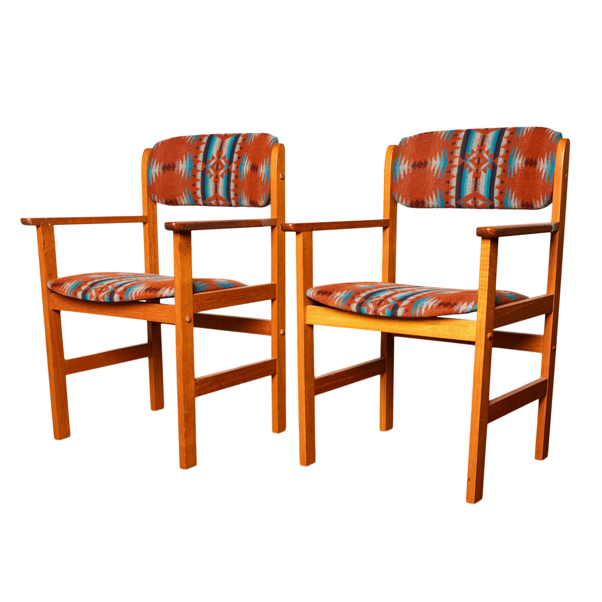 Pair Vintage Mid Century Modern Danish Teak Armchairs Pendleton Wool Fabric 1970