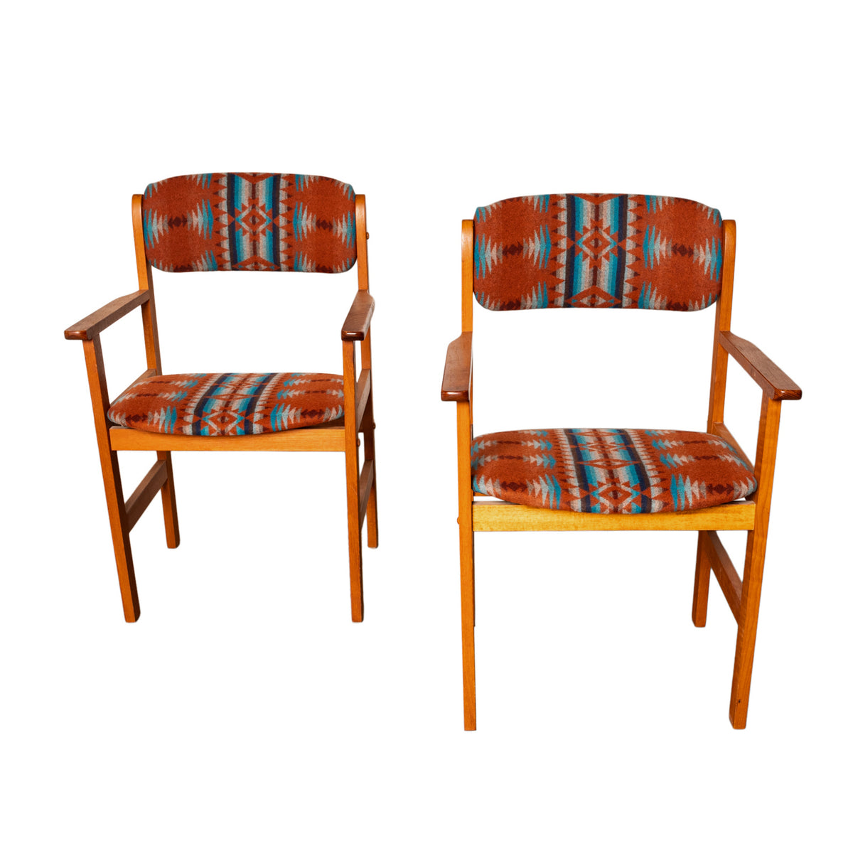 Pair Vintage Mid Century Modern Danish Teak Armchairs Pendleton Wool Fabric 1970