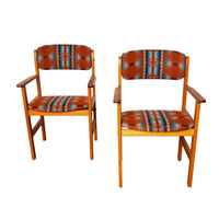 Pair Vintage Mid Century Modern Danish Teak Armchairs Pendleton Wool Fabric 1970