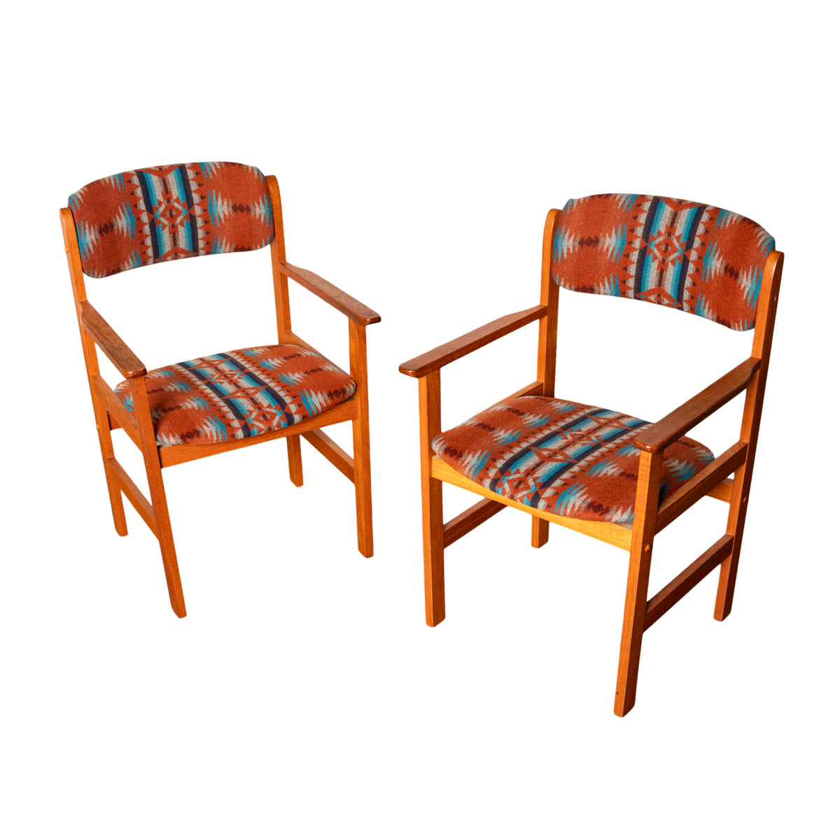 Pair Vintage Mid Century Modern Danish Teak Armchairs Pendleton Wool Fabric 1970