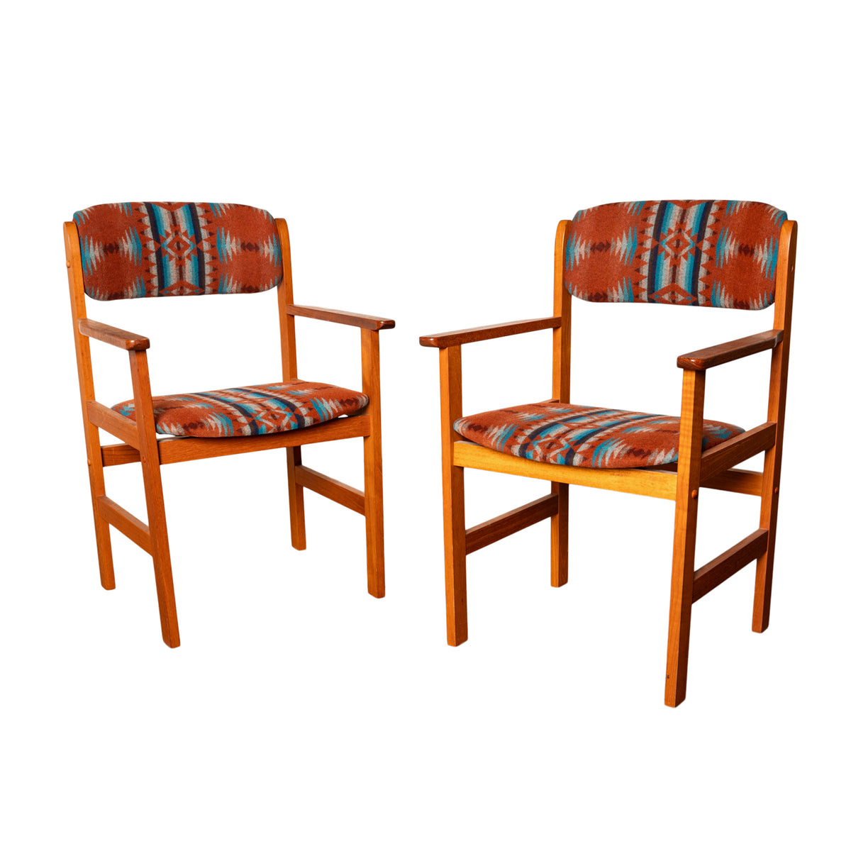 Pair Vintage Mid Century Modern Danish Teak Armchairs Pendleton Wool Fabric 1970