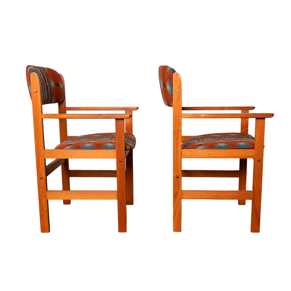 Pair Vintage Mid Century Modern Danish Teak Armchairs Pendleton Wool Fabric 1970