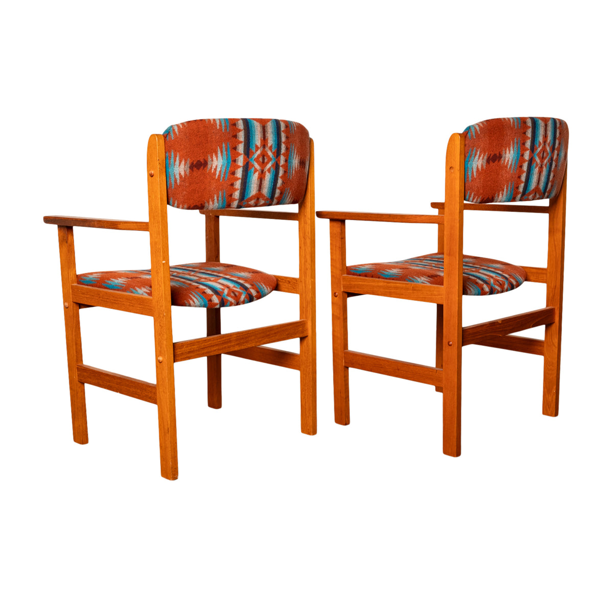 Pair Vintage Mid Century Modern Danish Teak Armchairs Pendleton Wool Fabric 1970