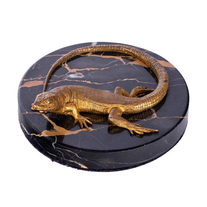 Antique Art Deco Gilt Bronze Portoro Marble Lizard Animalier Statue Paperweight