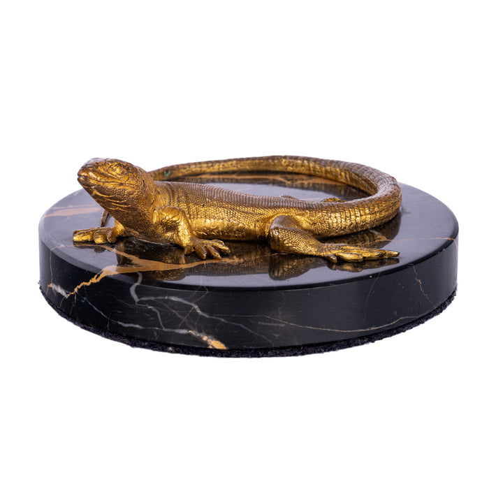 Antique Art Deco Gilt Bronze Portoro Marble Lizard Animalier Statue Paperweight
