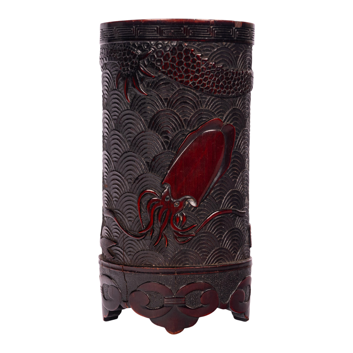 Antique Japanese Carved Bamboo Scholar's Brush Pot Meiji Sea Serpent Squid 1880