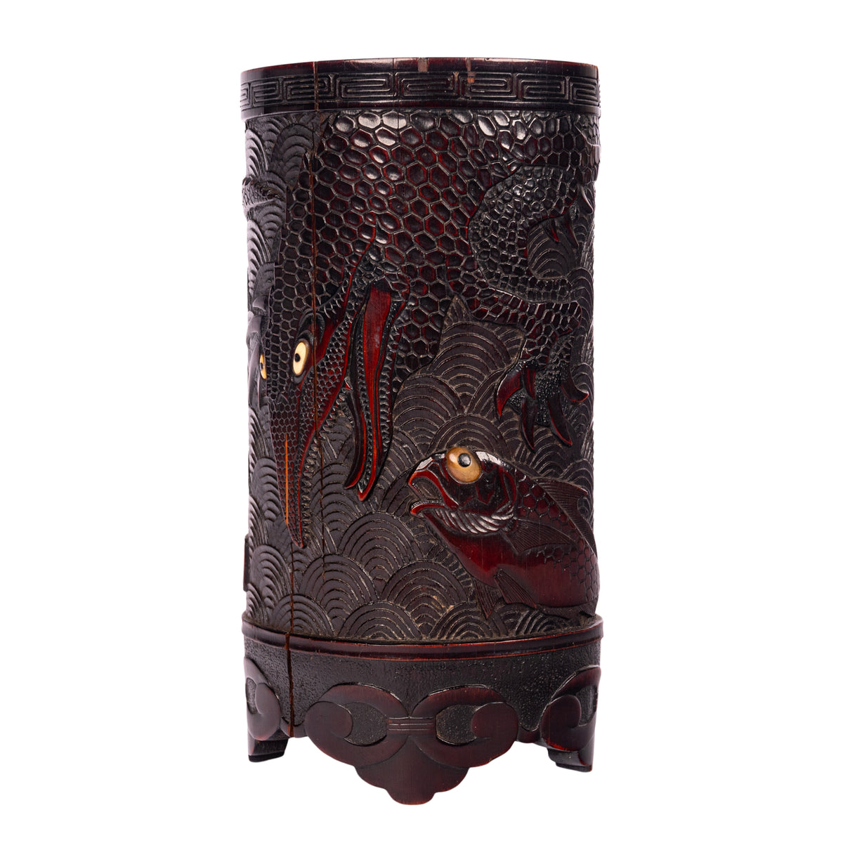 Antique Japanese Carved Bamboo Scholar's Brush Pot Meiji Sea Serpent Squid 1880