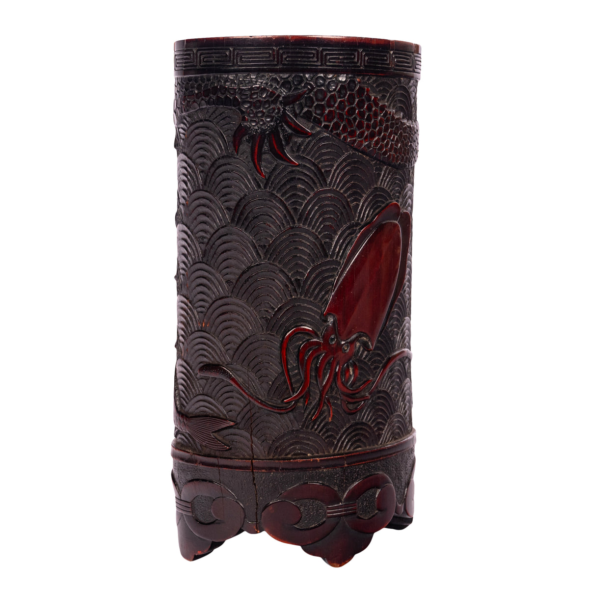 Antique Japanese Carved Bamboo Scholar's Brush Pot Meiji Sea Serpent Squid 1880