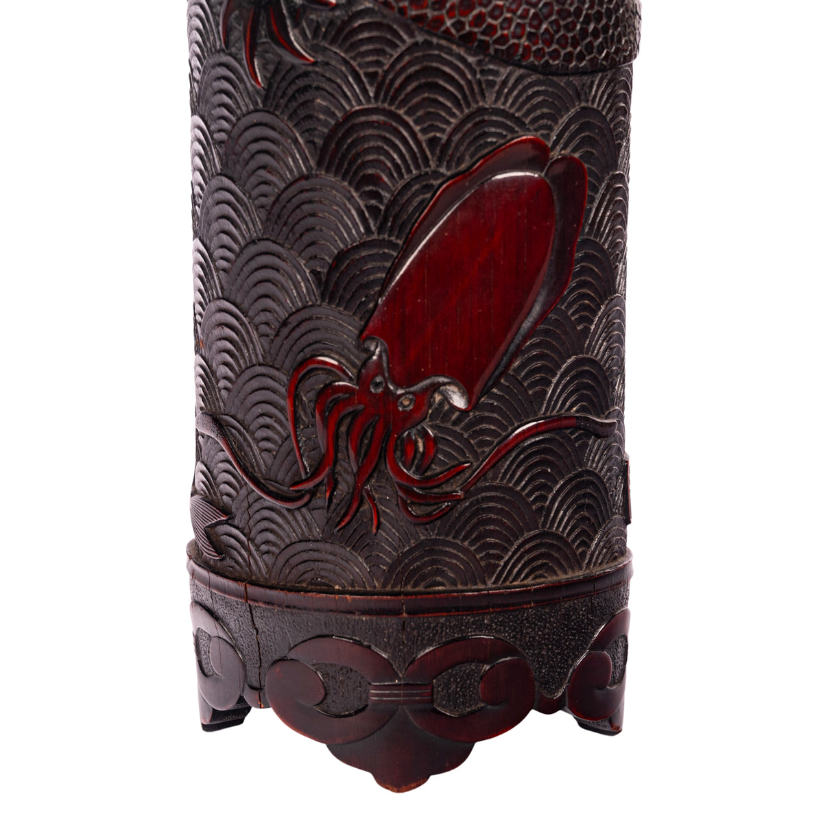 Antique Japanese Carved Bamboo Scholar's Brush Pot Meiji Sea Serpent Squid 1880