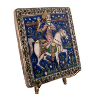 Antique Islamic Persian Painted Relief Tile Falconer Prince on Horseback Qajar Period 1850